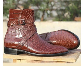 New Handmade Men's Premium Quality Brown Crocodile Print Leather Single Buckle Monk Strap Ankle High Dress Boots