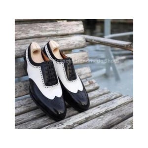 New Bespoke Handcrafted Black And White Leather Oxford Lace Up Wingtip Brogue Dress Shoes