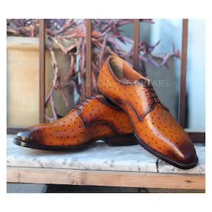 New Handmade ostrich print tan Leather Dress Shoes, Formal Casual derby Shoe For Men&#39;s
