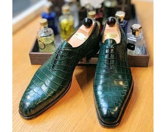 Bespoke Men's Handmade Green Crocodile Print Leather Oxford Lace Up Whole-Cut Fashion Shoes