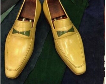 New Men's Custom Made Handmade Premium Quality Yellow Leather Loafer Moccasin Slip on Dress Stylish Shoes