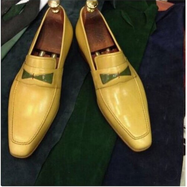 New Men's Custom Made Handmade Premium Quality Yellow Leather Loafer Moccasin Slip on Dress Stylish Shoes