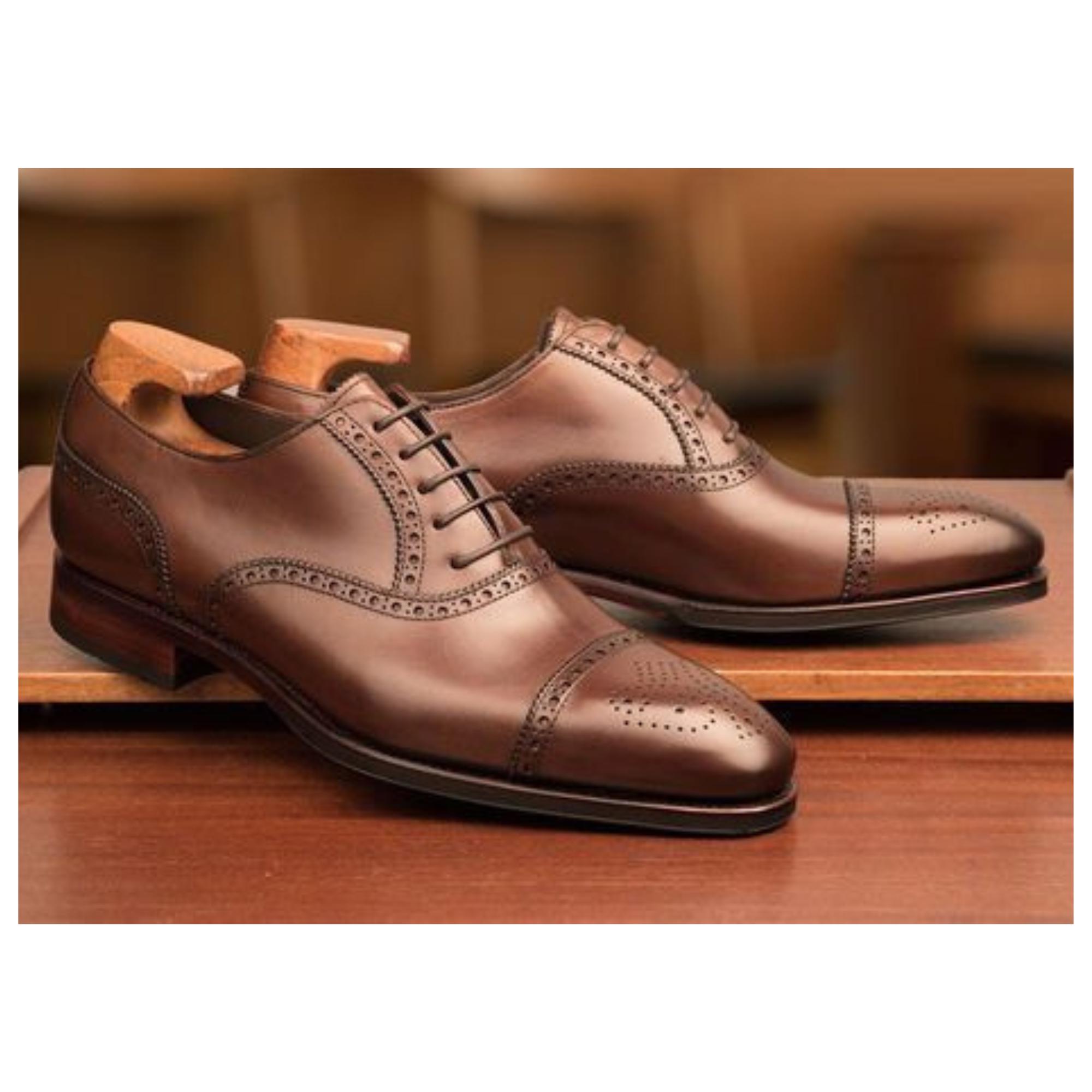 Handcrafted Men's Brown Leather Oxford Cap Toe Brogue Casual, Business Wear Shoes Men