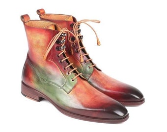 Pure Handmade Men's Genuine Premium Quality Multicolor Leather Lace up Ankle High Dress Boots