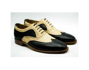 Handmade Men's Two Tone Leather Oxford Wigtip Brogue lace Up Dress Shoes Men