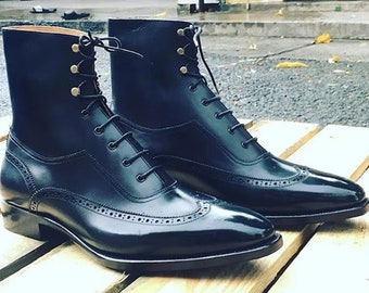 Pure Handmade Men's Genuine Black Leather Wingtip Lace up Brogue Ankle High Dress Boots