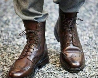 New Handmade Men's Genuine Chocolate Brown Leather Wingtip Lace up Brogue Ankle High Dress Boots