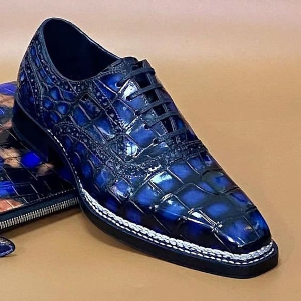 Pure Goodyear Welted Men's Handmade Blue Croc Leather Oxford Lace up Dress Shoes