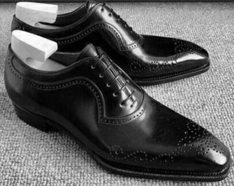 New Men's Handmade Black Leather Lace-Up Shoes, Custom Leather Oxford Brogue Formal Dress Shoes