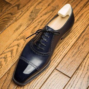 New Men&#39;s Handmade Navy Blue Color Leather Oxford Cap-Toe Lace Up Dress Formal Wear Shoes Men