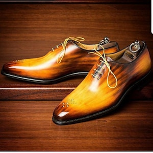 Handmade Yellow Patina Leather Oxford Shoes: Brown Shaded Lace Up