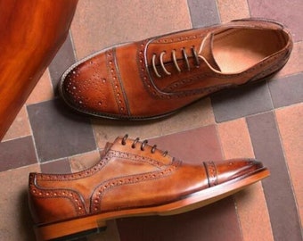 Chaussures richelieu et bout pointu en cuir véritable sur mesure pour hommes, chaussures habillées oxford à lacets et bout ailé