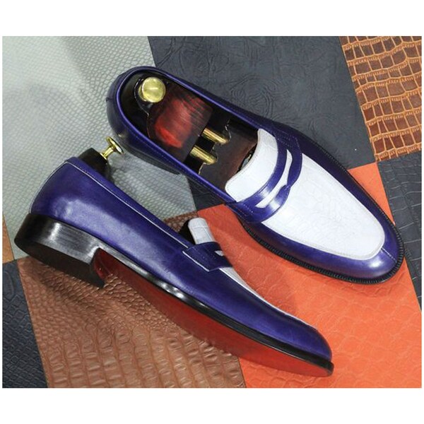 Pure Men's Custom Made Handcrafted Premium Quality Blue and White Loafer Moccasin Slip on Dress/Formal Shoes