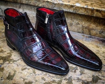 Pure Handmade Men's Genuine Burgundy Croc Leather Single Monk Strap Zipper Ankle High Dress Boots