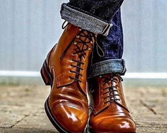 Pure Handmade Men's Genuine Tan Leather Toe cap Lace up Ankle High Dress Boots