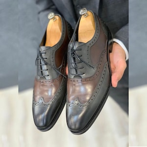 New Men&#39;s Handmade Premium Quality Two Tone Brown and Gray Leather Oxford Wingtip Brogue Lace Up Dress Stylish Shoes