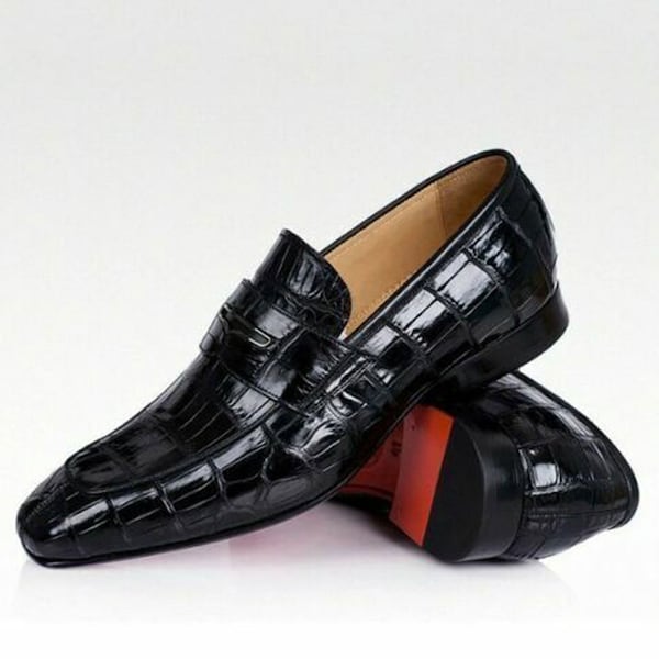 Pure Men's Custom Made Handmade Premium Quality Black Crocodile Print Leather Loafer Moccasin Slip on Dress Shoes