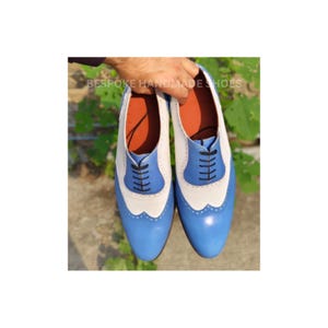 Handcrafted Men&#39;s White, Blue Leather Oxford Wingtip Lace Up Formal Casual Wear Shoes Men