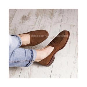 Men&#39;s Tailormade Genuine Brown Suede Leather Moccasin Slip On Loafer Shoes
