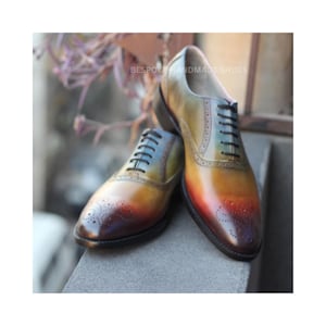 New Men&#39;s Handmade Multi Color Leather Oxford Lace Up Whole-Cut Brogue Dress Formal Shoes Men