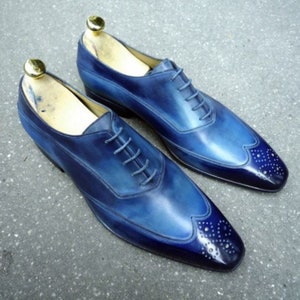 Handmade Two Tone Blue Brogue Wing Tip Real Leather Lace Up Formal Dress Shoes
