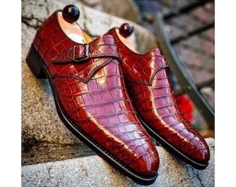 New Handmade Red Alligator Monkstrap Leather Dress Shoes, Formal Casual Dress Shoe For Men&#39;s