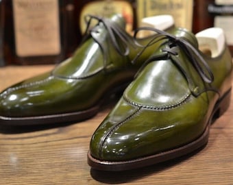 Custom made green Derby leather dress shoes, men leather formal shoes, laces shoes