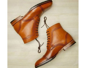 Custom Made Men's Tan Color Leather High Ankle Lace Up Toe-Cap Dress Boots