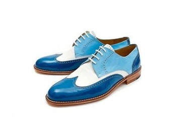 Pure Men's Custom Made Handmade Premium Three Tone Leather Derby Wingtip Round Toe Lace Up Dress/Formal Shoes