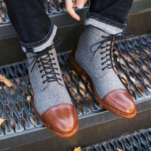 Handcrafted Men&#39;s Genuine Premium Quality Brown Leather and Fabric Ankle High Lace Up & Cap Toe Dress Derby Boots