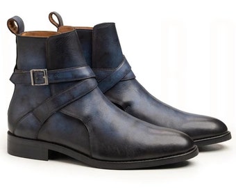 Pure Handmade Men's Genuine Premium Quality Black Blue Leather Single Monk Strap Ankle High Dress Boots