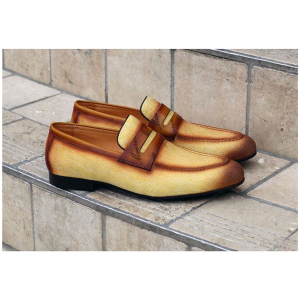 Pure Men's Custom Made Handmade Premium Quality Yellow and Brown Shaded Leather Loafer Moccasin Slip on Dress/Formal Shoes