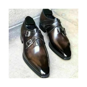 Custom made Dark Brown Leather Double Monk Strap Formal Dress Shoes, Men&#39;s Shoes