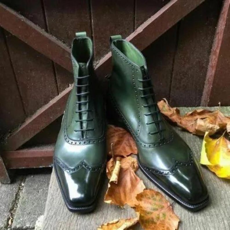 Men's Handmade Dark Green Leather Oxford Wingtip Lace up High Ankle
