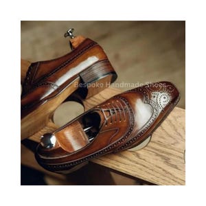 Tailormade Men&#39;s Brown Brogue Cowhide Leather Wingtip Oxford Lace Up Dress Shoes
