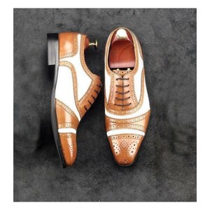 Buy Two Tone Oxford Tan White Real Leather Full Brogue Cap Toe Business Shoes
