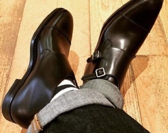New Handmade Premium Quality Men's Black Leather Formal Double Monk Strap Dress Shoes