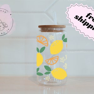 Summer Lemons Glass Can | Permanent Vinyl Cup | Personalized Glass With Straw | Iced Coffee Cup | 16oz Glass Beer Can | Tumbler