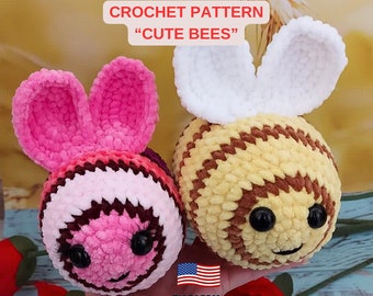 Cute Bees plushie crochet pattern - Queen bee amigurumi tutorial PDF in English