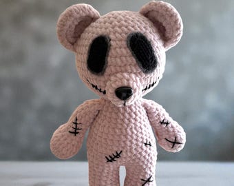 Crochet Beige Teddy Bear With Black Eyes, Plush Stuffed Horror Bear, Halloween Scary Plush Toy, Creepy Amigurumi Bear, Unique Handmade Gift