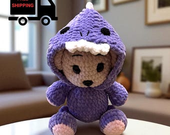 Crochet Plush Bear, Beige Stuffed Toy, Dinosaur Costume Bear, Handmade Teddy Gift, Purple Dino Bear Toy, Soft Animal Toy, Soft Gift For Kids