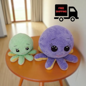 Crochet Octopus Plush Toy, Large Purple Amigurumi Octopus, Small Green Octopus, Set of 2 or Sold Separately, Handmade Soft Stuffed Animal