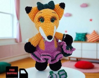 Crochet Fox Plush Toy, Handmade Stuffed Animal, Soft Fox in Purple Dress, Bag and Fish Accessory, Green Bow, Gift for Kids, Teens, Adults