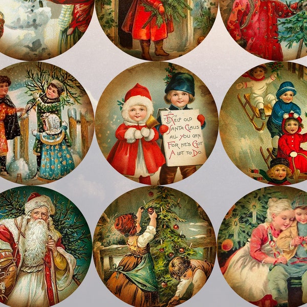 Feuille de collage numérique art victorien, cercles de 2 pouces, Noël victorien, décoration de Noël vintage, feuille de collage imprimable fichier numérique