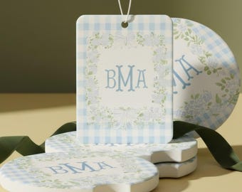 Monogrammed Car Coaster and Air Freshener Set Floral Coquette Grandmillennial Personalized Gift for Girl Custom Car Accessories Preppy Decor