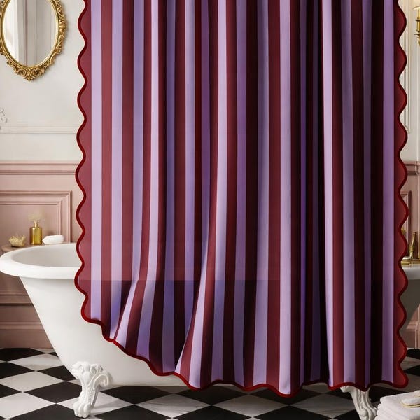 Vintage Striped Shower Curtain for Bathroom, Violet Red Cotton Extra Long, Scalloped Edge Boho Bathroom Decor, Abstract Minimalist Bath