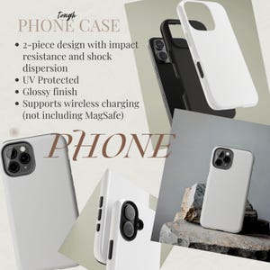 May include: White and black phone cases are displayed against a neutral background. The text on the image reads "tough PHONE CASE" and lists features like 2-piece design, UV protection, and wireless charging support.