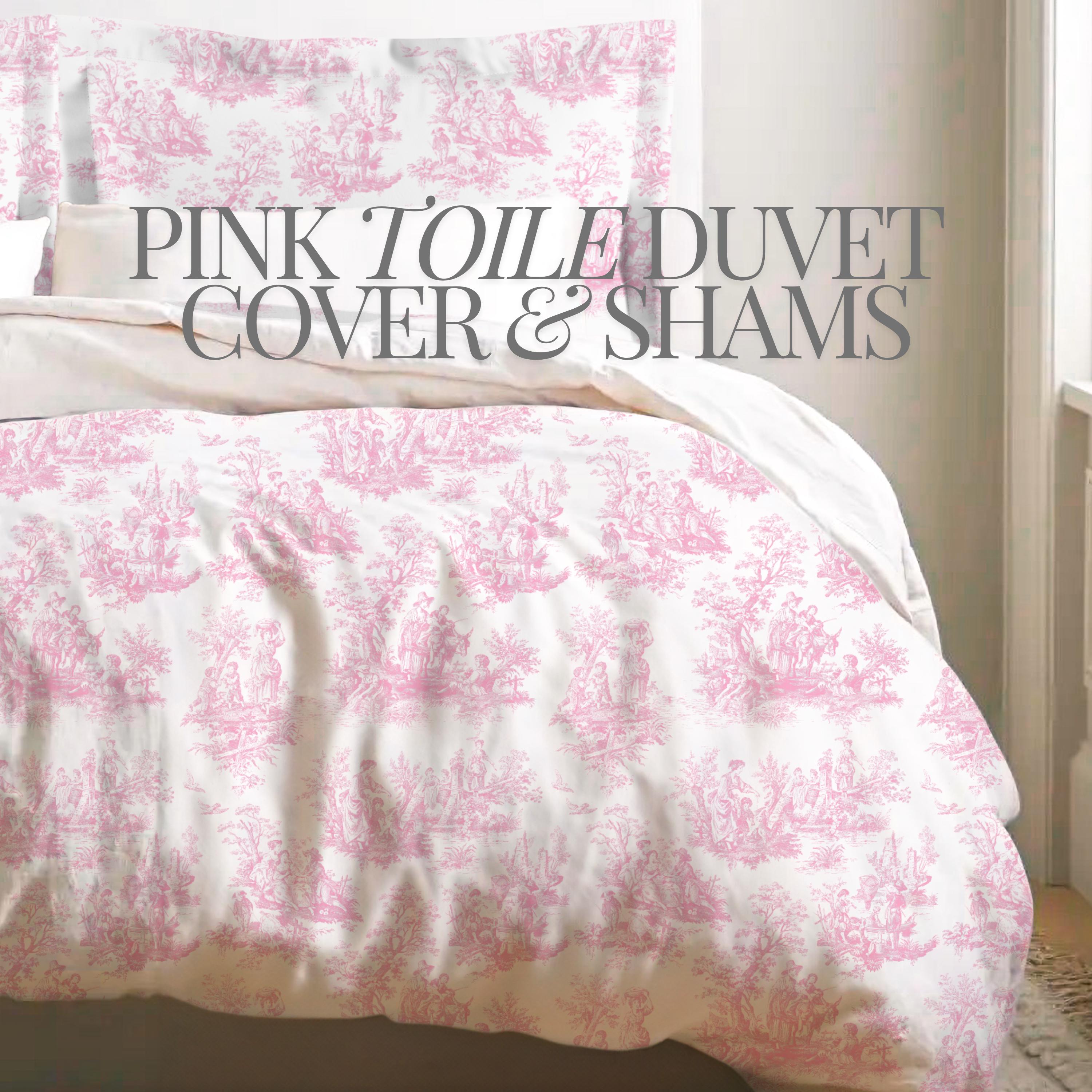 French Toile Duvet Cover Chinoiserie Preppy Pink White Bedding Set Coquette Toile Decor Grandmillenial Girl Gift Decor Guest Room Bedding