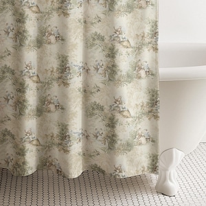 Cotton French Country Shower Curtain Set Toile de Jouy Farmhouse Floral Extra Long Rustic Chinoiserie Cottagecore Lover Guest Bathroom Decor