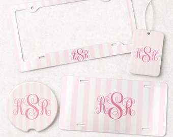 Striped License Plate Frame Front, Custom Monogrammed Car Decor, Personalized Car Coaster Rear Frame Air Freshener Vanity, New Driver Gift